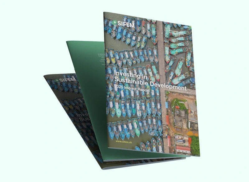 Printed mockups of an impact report with an aerial photograph of boats on the cover.
