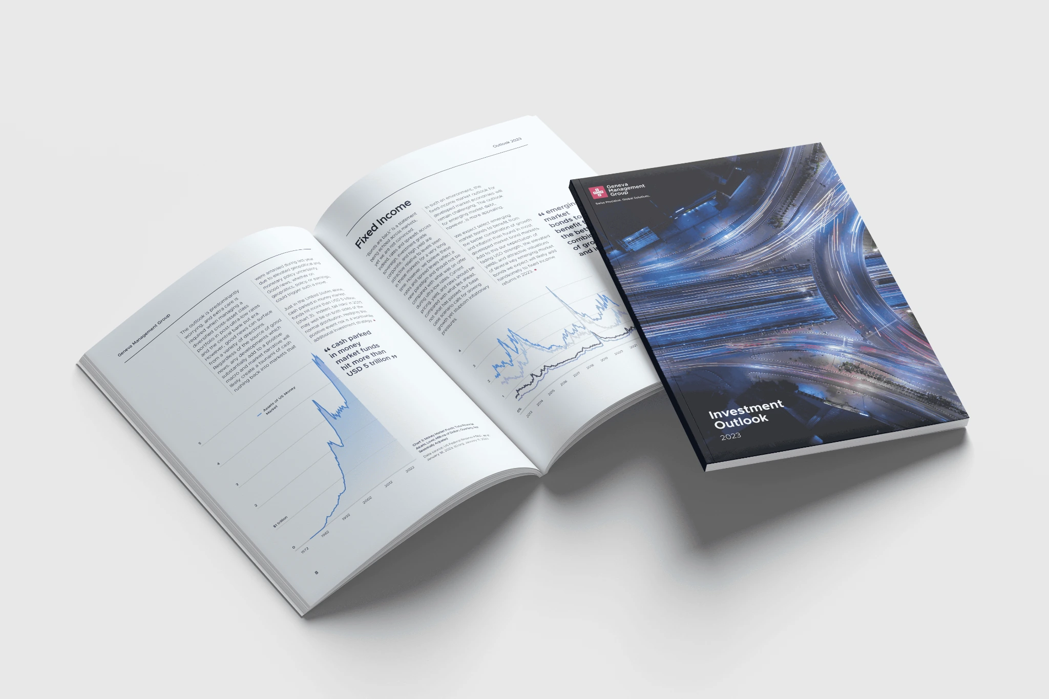 GMG Investment Outlook 2023 mockup showing a dark cover and an open spread with text columns and financial charts.