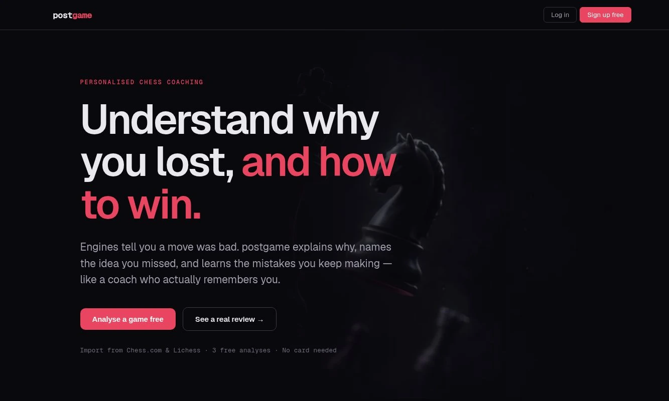 Postgame’s public website introducing its AI chess coaching product, with a dark interface and chess knight imagery.