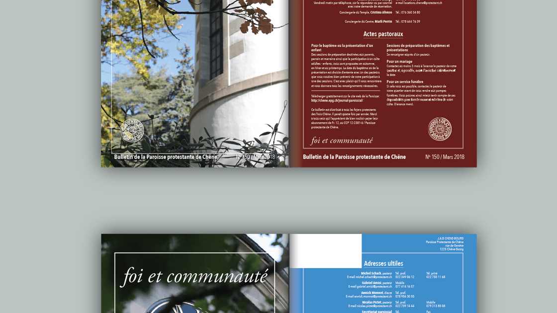 Printed mockup of a 2018 issue of Foi & Communauté showing a photographic cover, masthead and a second printed page.