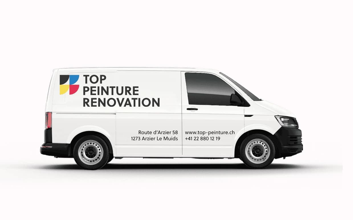 White Top Peinture Rénovation van mockup with a coloured geometric symbol, bold black lettering and contact information.