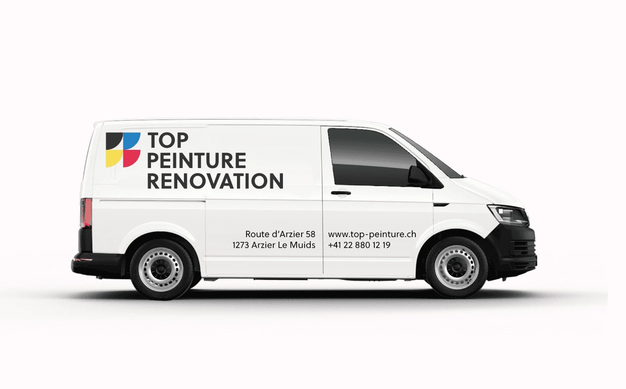 White Top Peinture Rénovation van mockup with a coloured geometric symbol, bold black lettering and contact information.