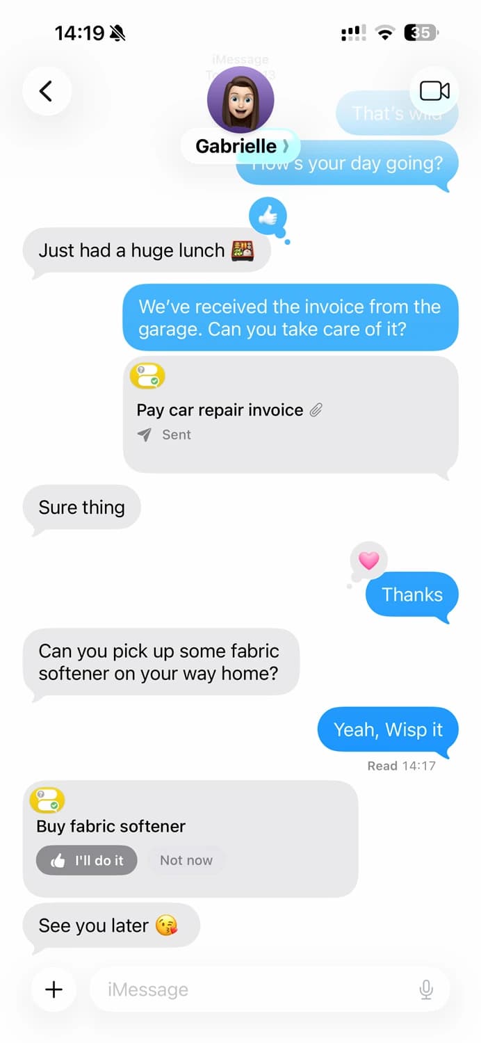 Creating and responding to a Wisped task inside Apple Messages.